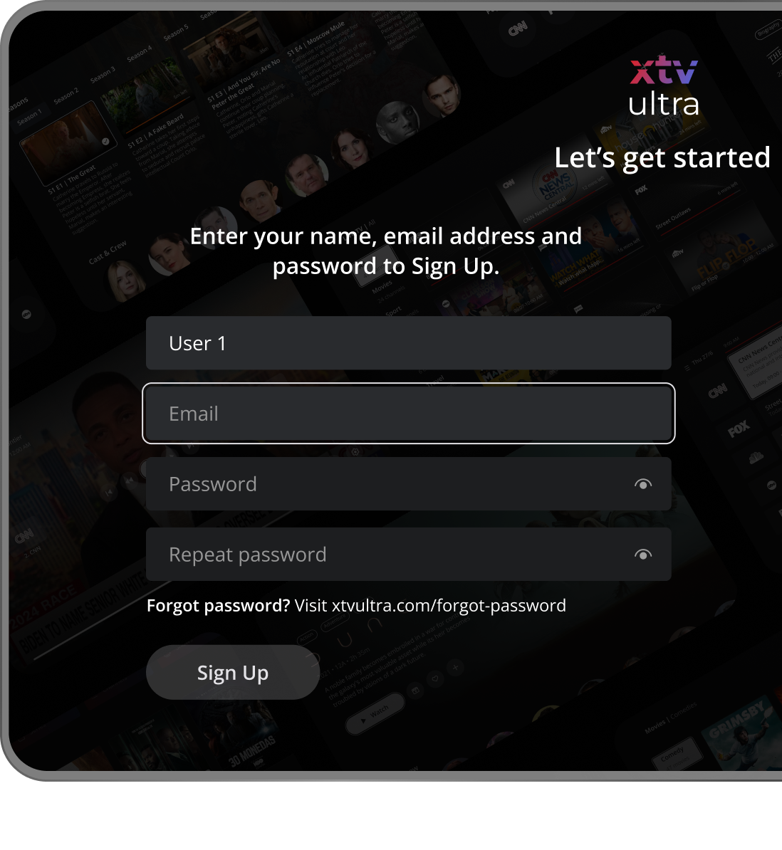 XTV Ultra register screen