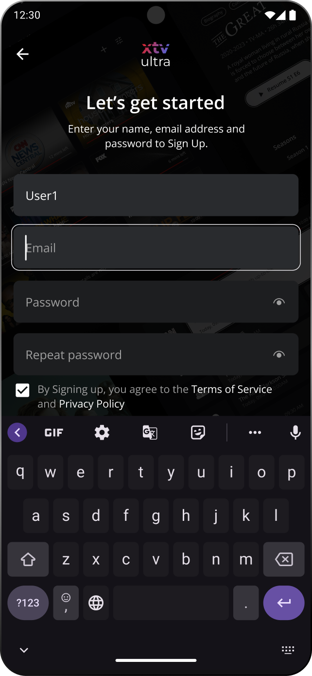 XTV Ultra register screen on mobile